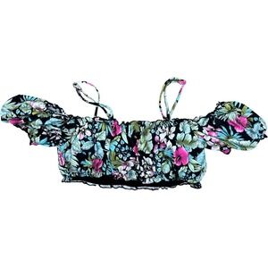 Beach Joy Bikini Top Womens Large Black Floral Cold Shoulder Smocked Crop Swim